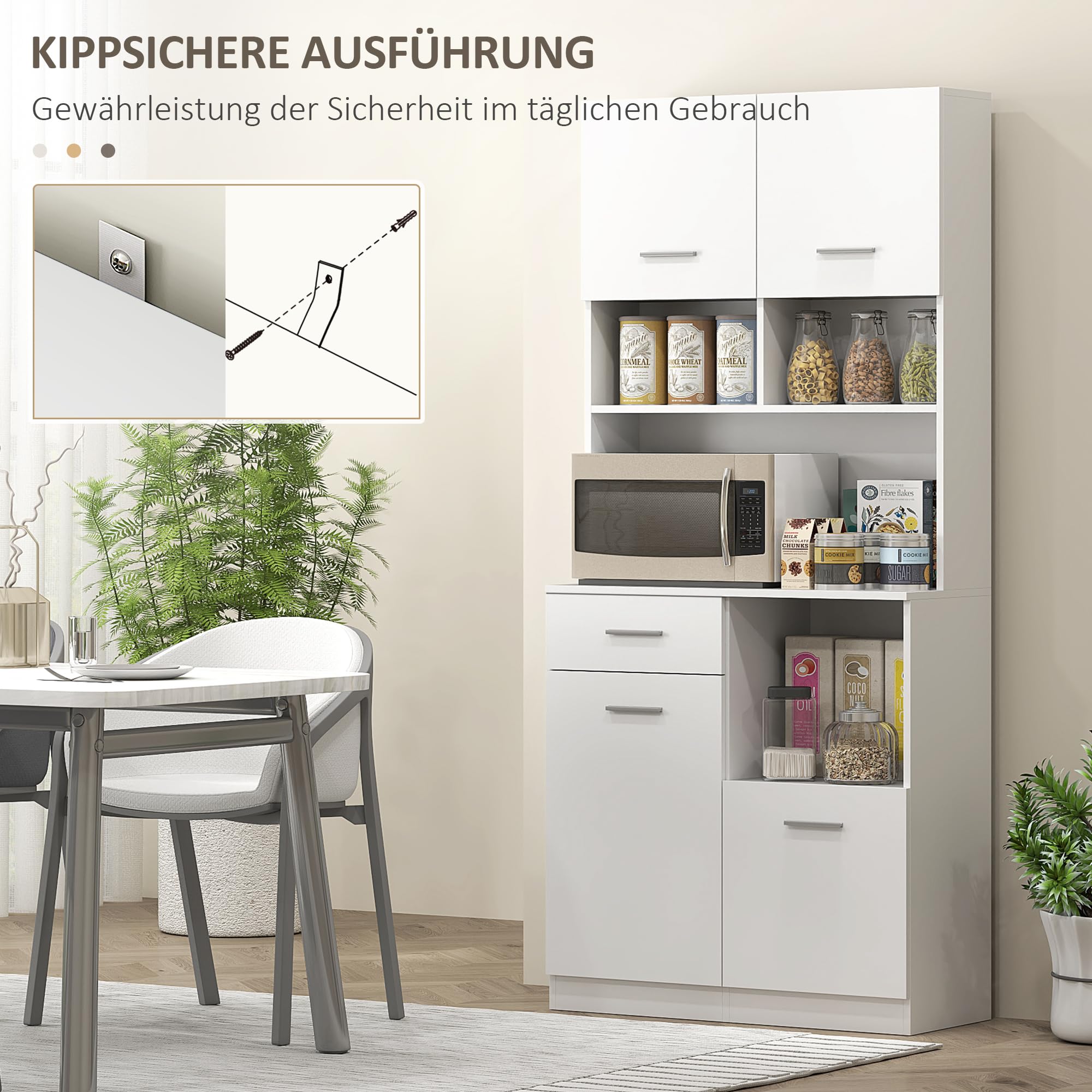 HOMCOM Küchenschrank, Hochschrank mit verstellbaren Regal, Schublade, Buffetschrank mit Soft-Close-Tür, Vitrinenschrank Aufbewahrungsschrank für Küche, Esszimmer, 80 x 35 x 180 cm, Weiß