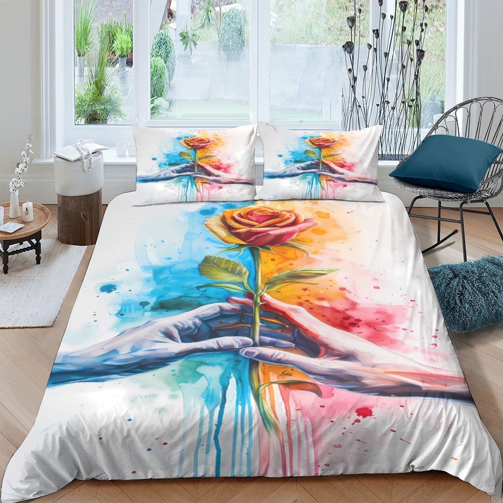 Ctjqhvkz Style-4 3D Printed Watercolor Rose Fitted Sheet Microfiber Soft Artistic Hand Paint Bed Cover For Bedroom Guest Room Decor Single（135X200cm）