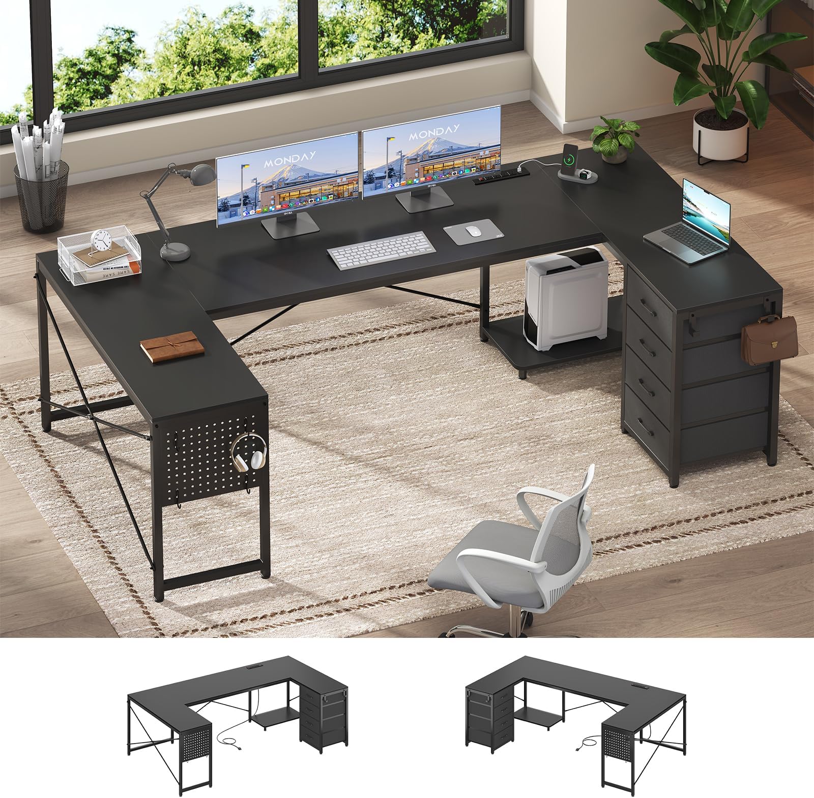 L Shaped Desk, 67" Reversible Computer Desk with 4 Fabric Drawers and Power Outlet, Corner U Shaped Desk with Shelf and Pegboard for Home Office, Black