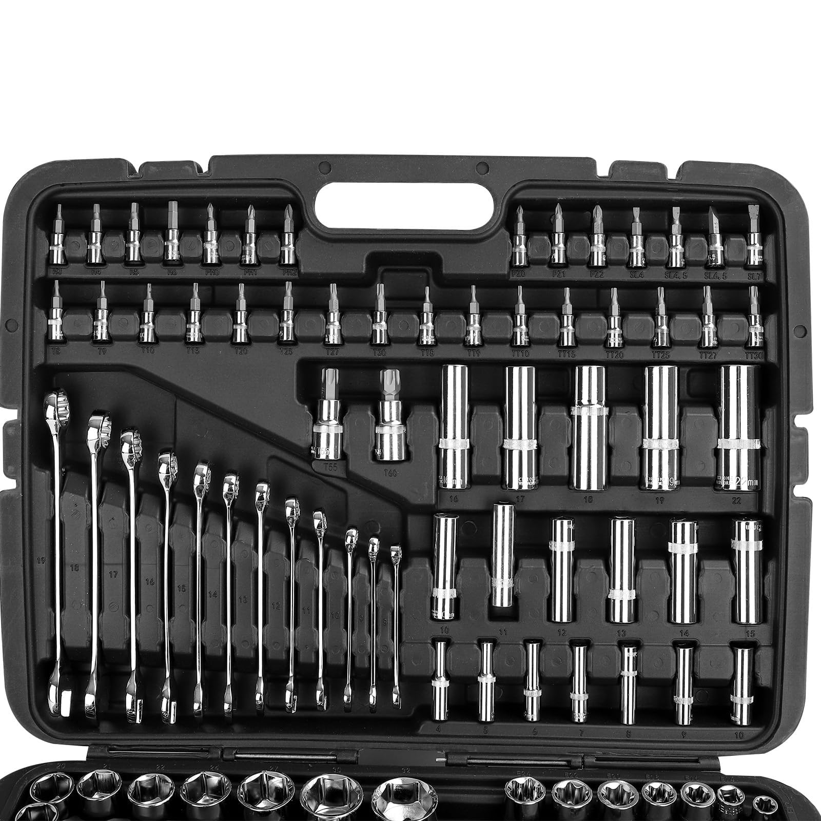 Werkzeugkoffer, 216-teilig (inklusive Koffer) 1/2", 1/4", 3/8" Steckschlüsselsatz mit Ratschenschlüsseln, Bits, Sechskantschlüsseln, Werkzeugsatz für Auto- und Heimwerkerarbeiten
