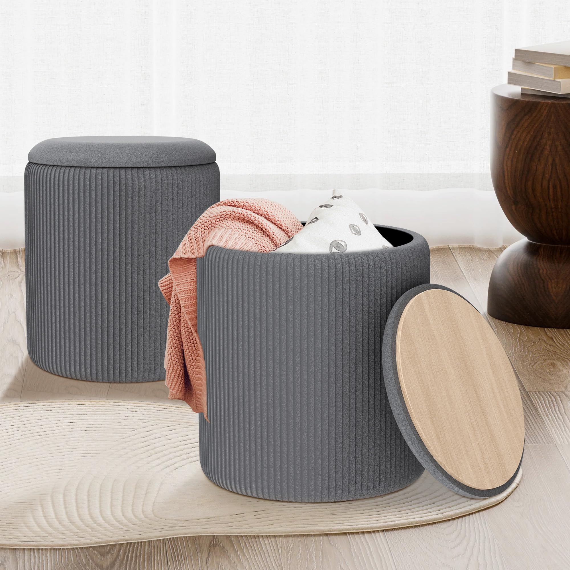 Photo 1 of 2PC Round Velvet Ottoman with Storage & Upholstered Pouf Foot Rest for Dorm, Boho Coffee Table Stools, Cute Circle Ottoman, Multifunctional Velvet Storage Ottoman for Living Room, Bedroom