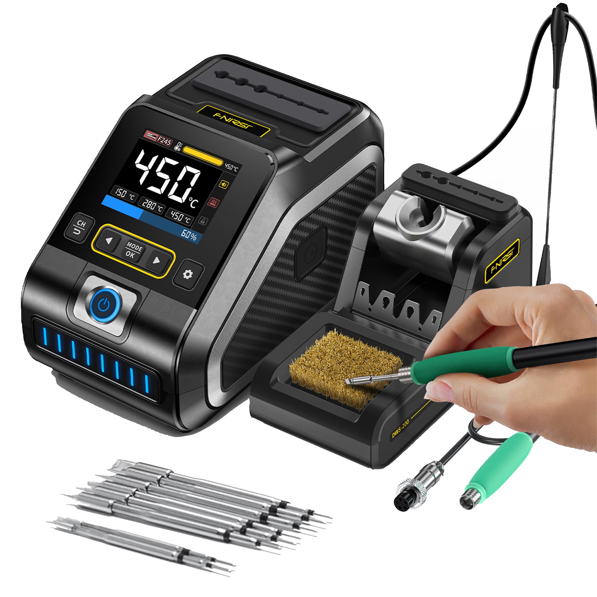 DWS-200 Soldering Iron Station, Digital Soldering Kit with F210, F245 Handle, Interchangeable Tips for Electronics, Adjustable Helping Hands, Temperature Storage