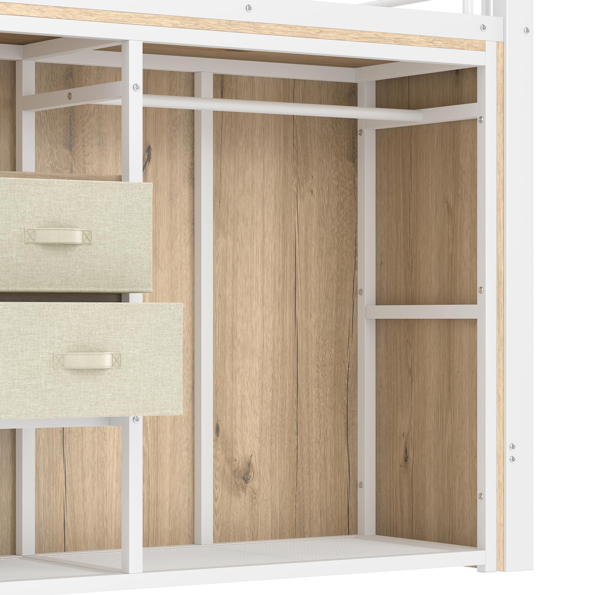 Idemon 90 x 200 cm, cama alta, 2 cajones, armario abierto, iluminación ambiental, muchos compartimentos de almacenamiento, colchón no incluido (blanco)