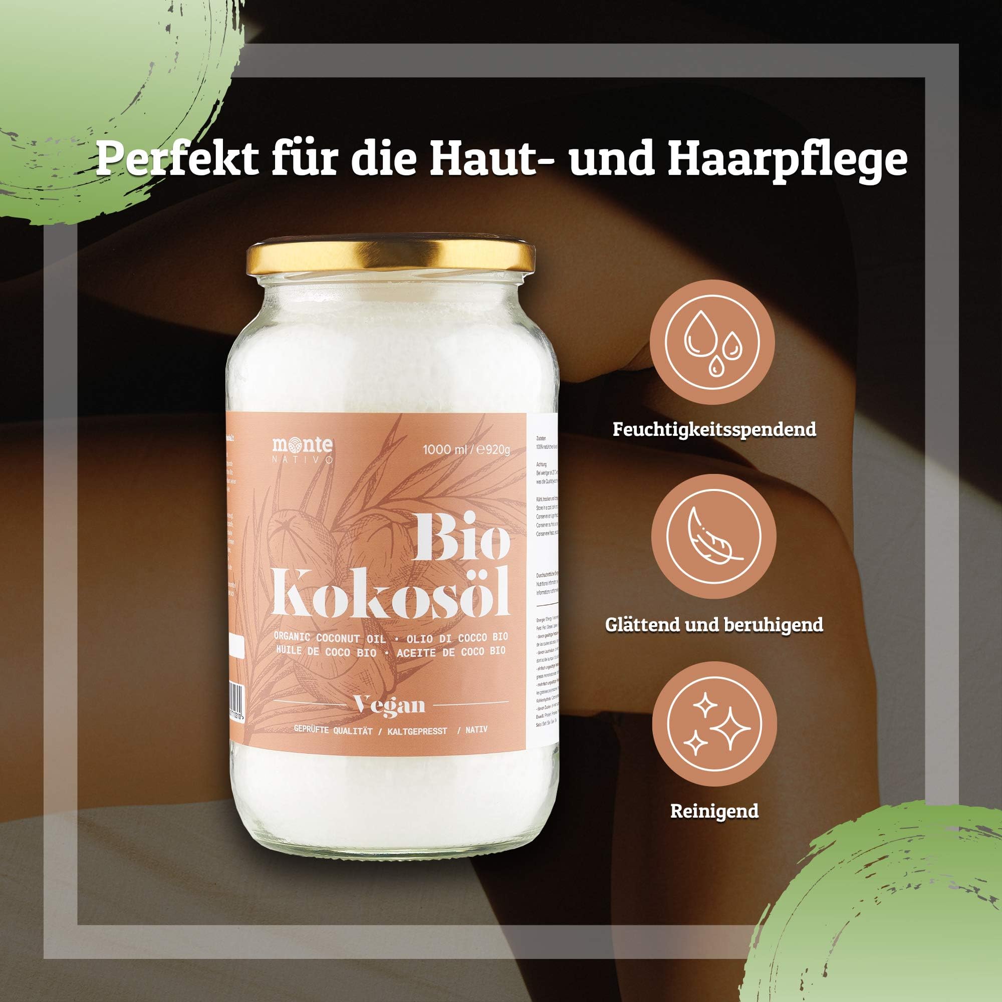 Kokosöl Bio Monte Nativo 1000ml (1L) - Coconut Oil - Kokosnussöl in Rohkostqualität - Reines Kokosfett - Bio Kokosöl nativ kaltgepresst zum Kochen, Braten und Backen, für die Haare, Zähne und Haut