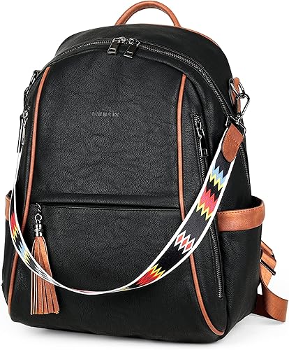 Miniatura 8 de FADEON Mochila de cuero para mujer, mochilas de moda, múltiples bolsillos de diseño, bolsos de hombro para mujer, L-Negro Con Marrón Estilo Retro,