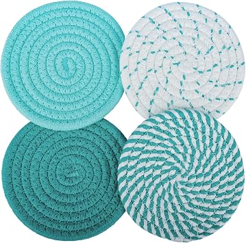 4.8 Inch Drink Coasters Set of 4, Large Fabric Cotton Absorbent Coasters for Drinks, Handmade Woven Cup Coaster for Desk, Minimalist Boho Coaster for Coffee Table Kitchen Decor Colorful Green