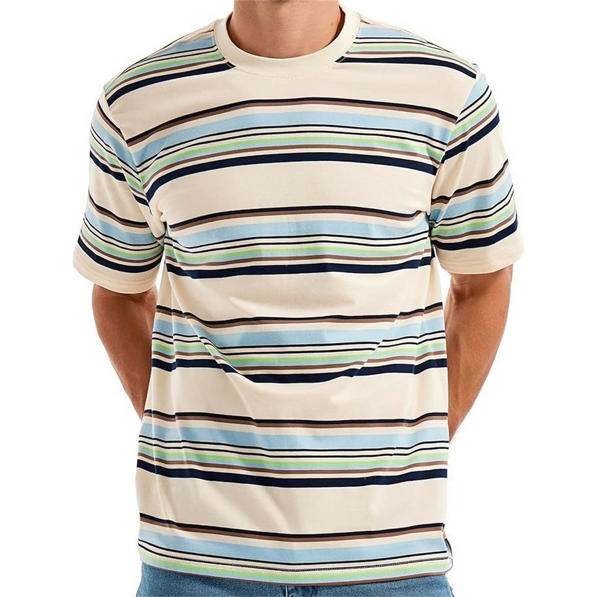 DGHM-JLMY Men's Crewneck Striped T-Shirt Soft Elastic Cotton Tees Fashion Loose Fit Floral Print Short Sleeves Tshirts