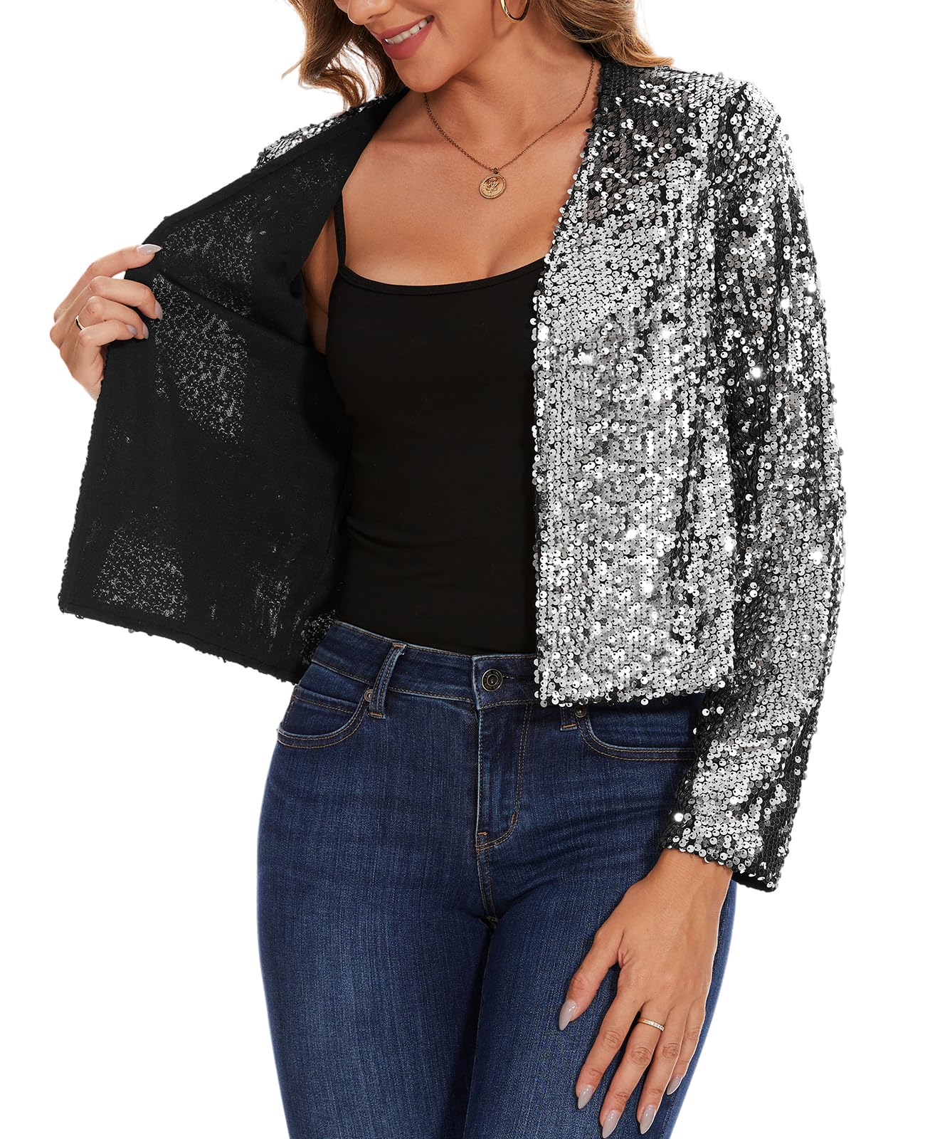 MINTLIMIT Damen Pailletten Strickjacke Kurz Cardigan Langarm Bolero Elegant Glitzer Jacke