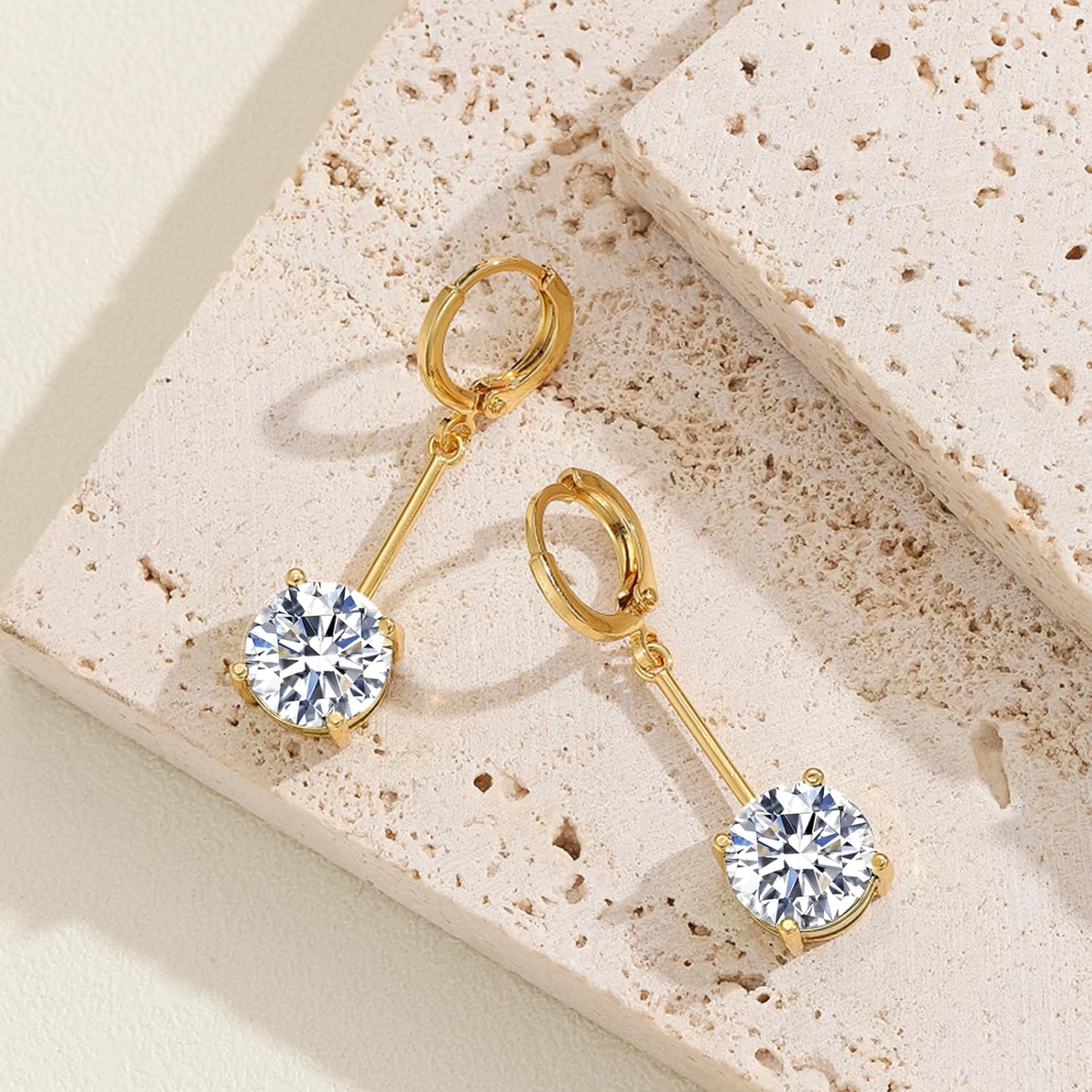 VONSSY Gemstone Drop Dangle Earrings | Platinum /Gold Plated Leverback Crystal Cubic Zirconia Hanging Red /Pink/Blue Earrings (Dia White-Gold) - Image 3