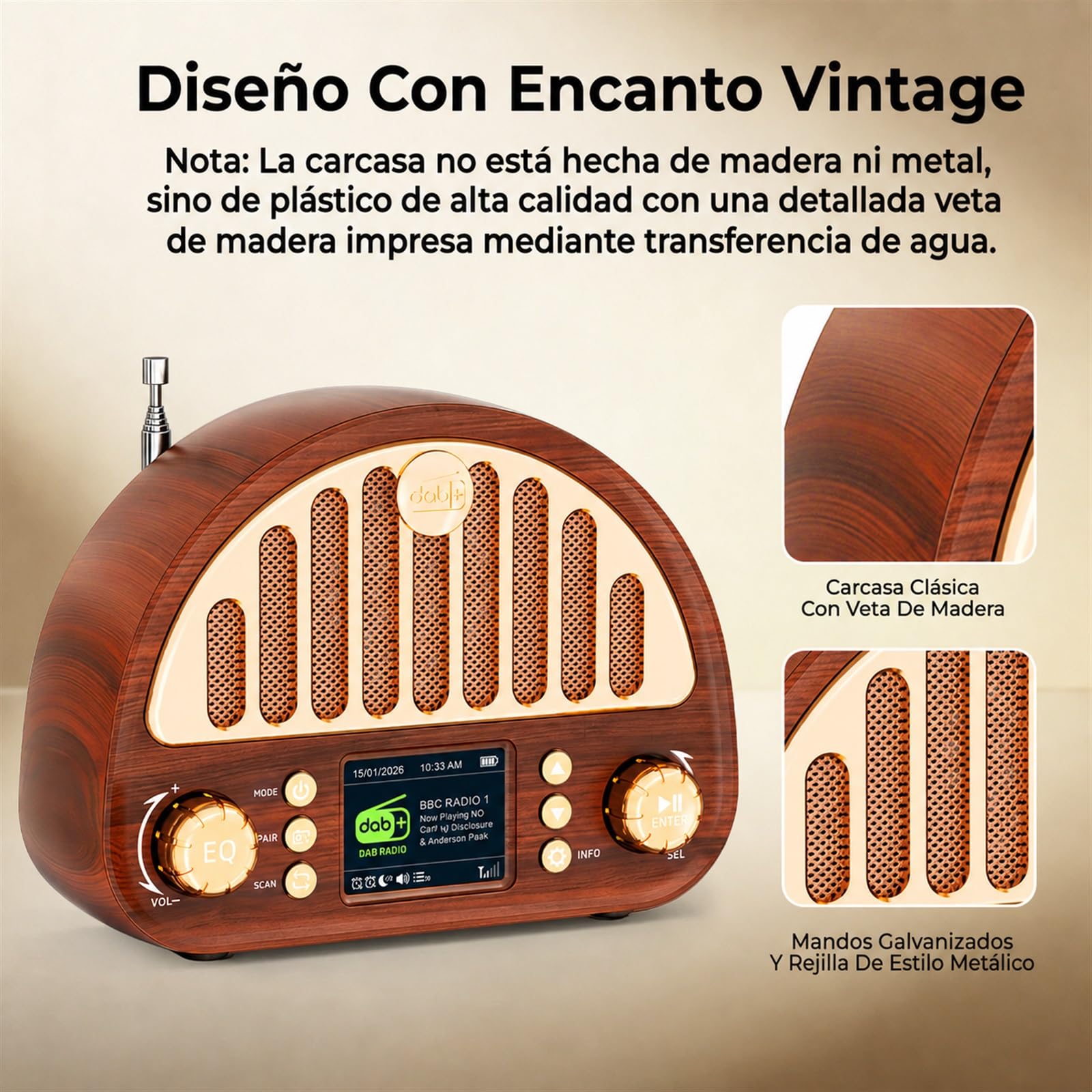 ROCAM Radio Retro Vintage Dab+/Dab/FM con Bluetooth 5.0 & 3000mAh Batería