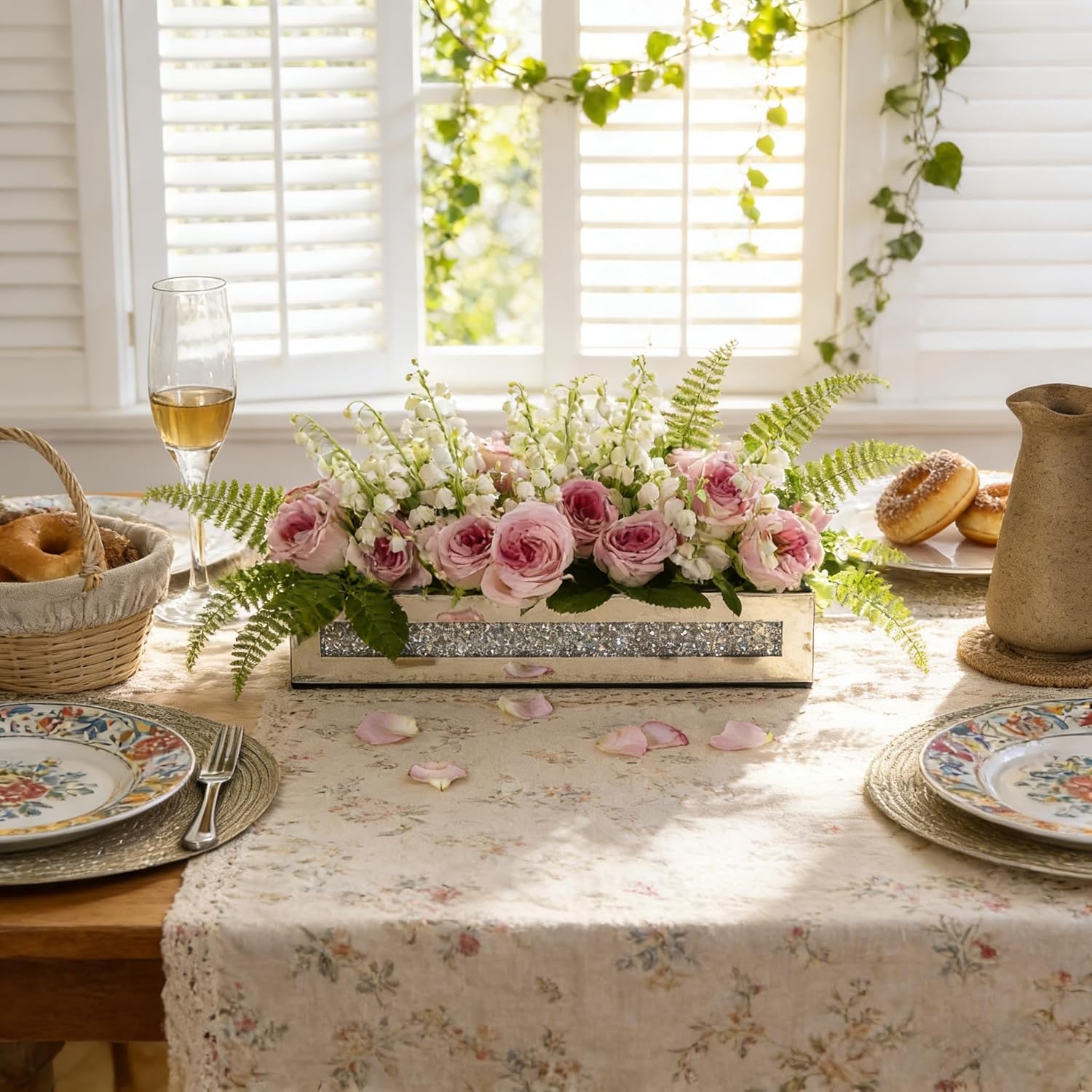 Flower Vase Rectangular Crushed Diamond Mirrored Vases for Centerpiece, Luxury Flower Arrangement for Home Wedding Dining Table Decor, Silver