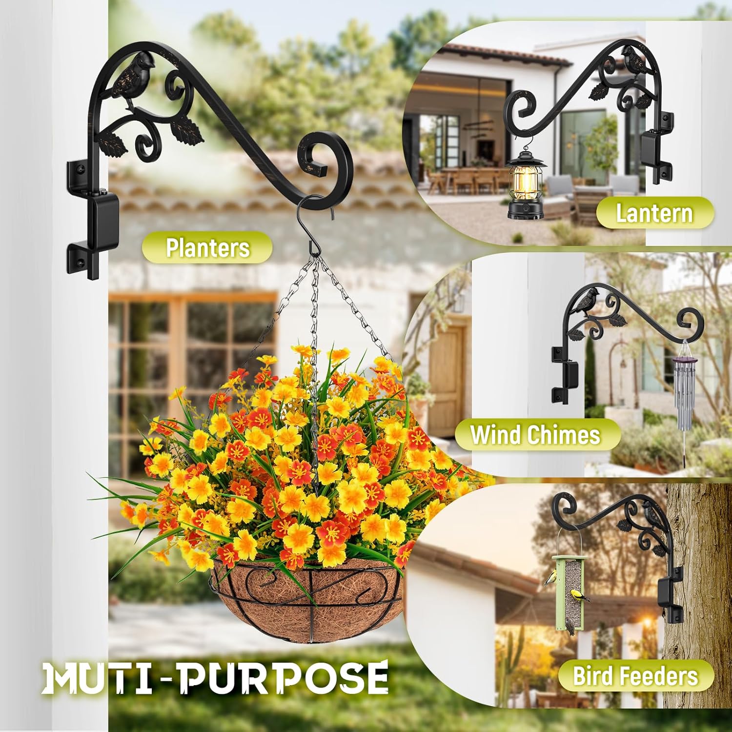 Plant Hangers Outdoor, 4 Pack 15.15 inch Swivel Plant Hangers Indoor Wall Mount Sturdy Wrought Iron Plant Wall Hanger, Wall Plant Hanger Indoor for Bird Feeders, Planters, Lanterns, Wind Chime, Black