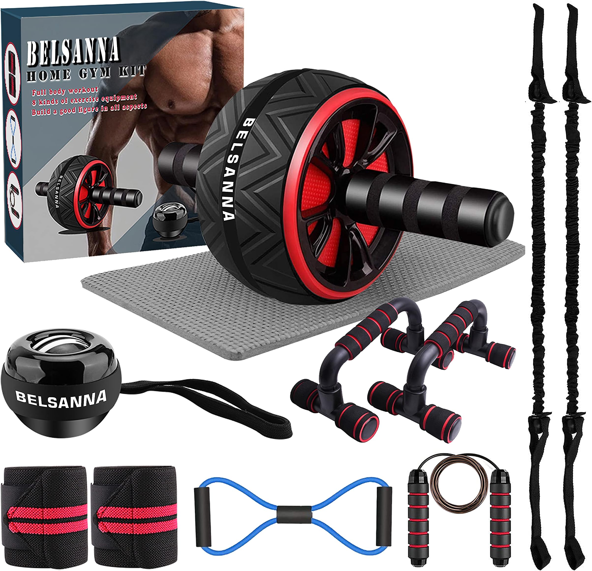 Ab Roller Set,9-in-1 Abs Workout Equipment,Home Gym Kit with Knee Mat,Push Up Bars,Jump Rope,Resistance Band,Wrist Wraps for Weightlifting,Gyroscope Wrist Exerciser, Abdominal Trainer Exercise