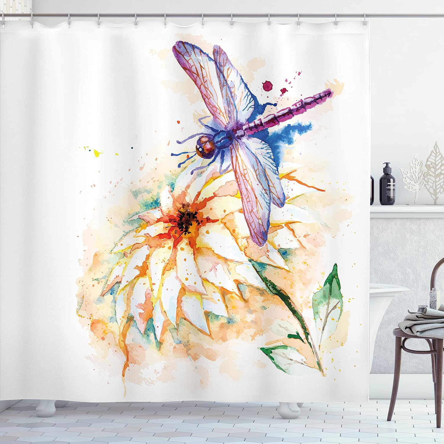 Ambesonne Dragonfly Shower Curtain, Watercolor Lily Flower and Flying Animal Nature Spring Theme Print Contemporary, Cloth Fabric Bathroom Decor Set with Hooks, 69" W x 70" L, Multicolor