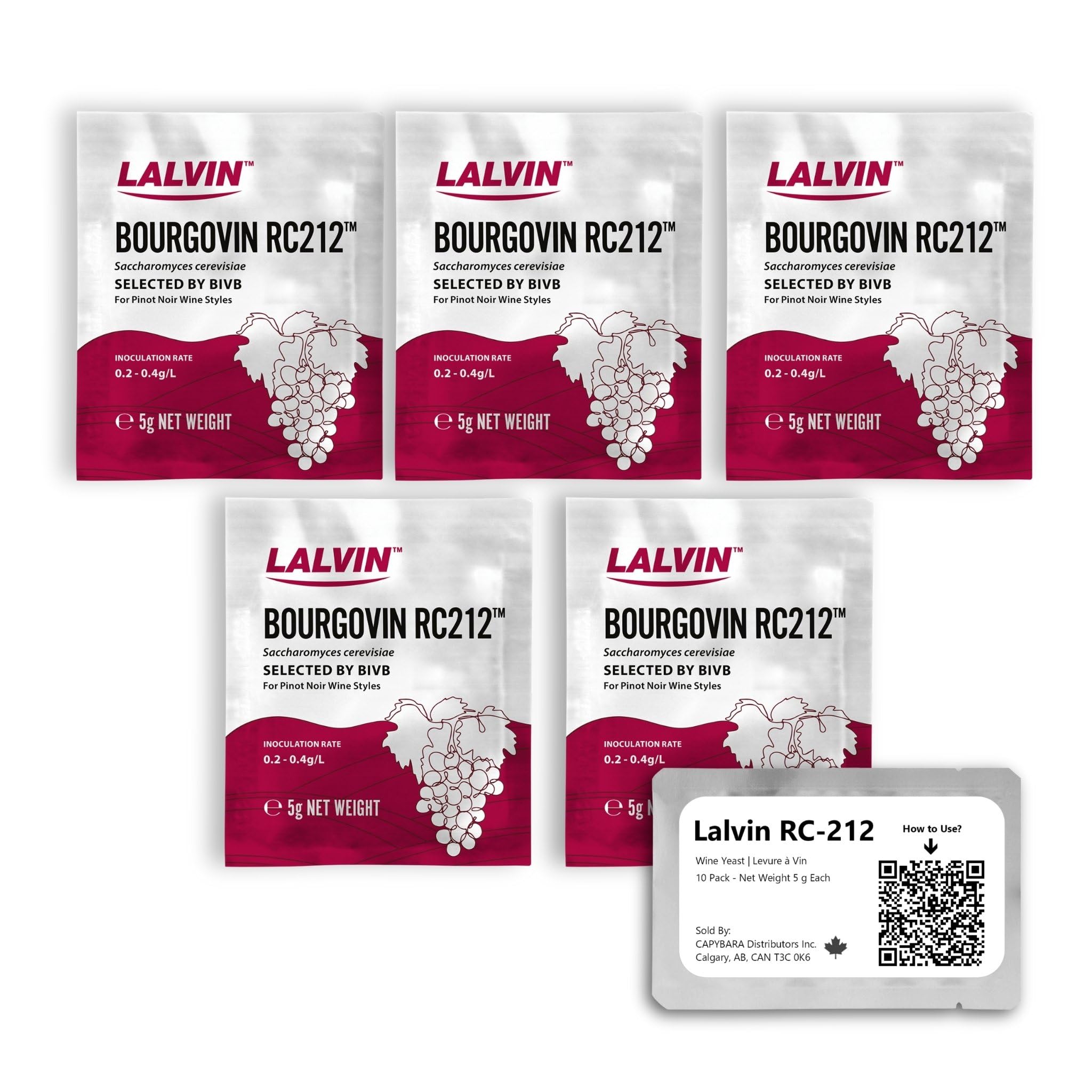 Lalvin RC-212 Levadura de Vino (5 Paquetes) - Levadura de Hidromiel - Haga Vino Hidromiel Sidra Kombucha en Casa - Sachets de 5 g - Saccharomyces cerevisiae - Vendido por CAPYBARA Distributors Inc.
