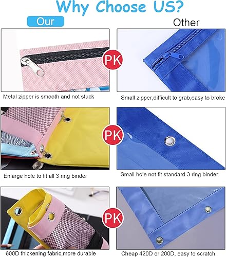 Miniatura 4 de Bolsas para lápices para carpeta de 3 anillas, paquete de 2 carpetas con tirador de cremallera, 2 niveles de ventana transparente Oxford, bolsa