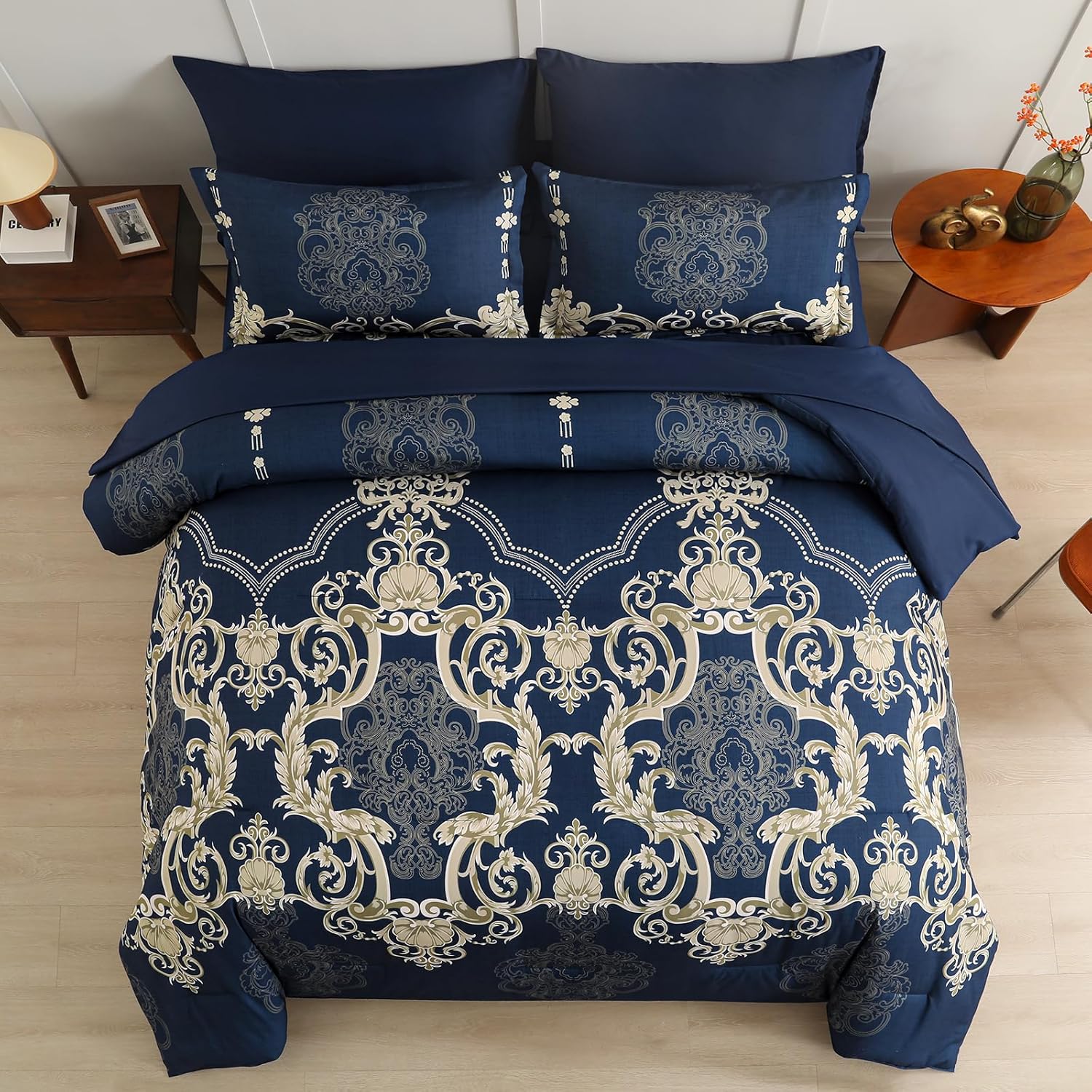 Mybedsoul Blue Gold Queen Comforter Set, 7 Pieces Boho Bed in a Bag for Queen Bed, Damask Comforter with Sheets Pillowcases, Soft Microfiber Lightweight Bedding Sets for All Season(90"x90") - Image 3