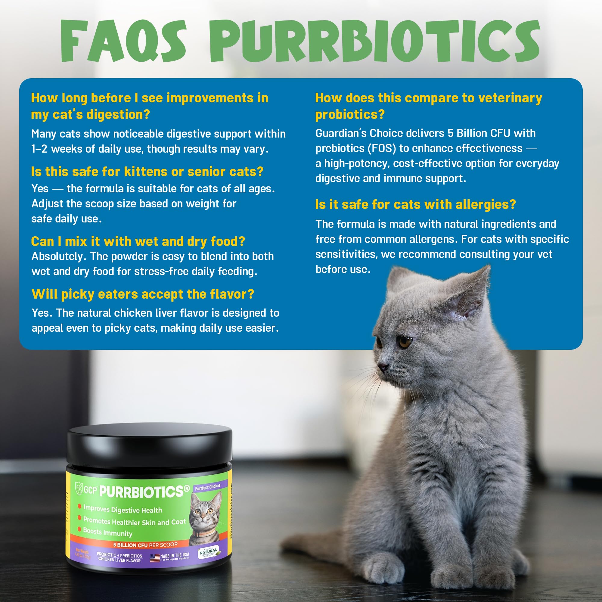 Guardian’s Choice Purrbiotics, Cat Probiotic Powder for Digestive & Immune Support, 5 Billion CFU with Prebiotics & Fiber, Shelf-Stable Probiotics for Cats, Chicken Flavor Cat Probiotics, 120 Servings - image 8