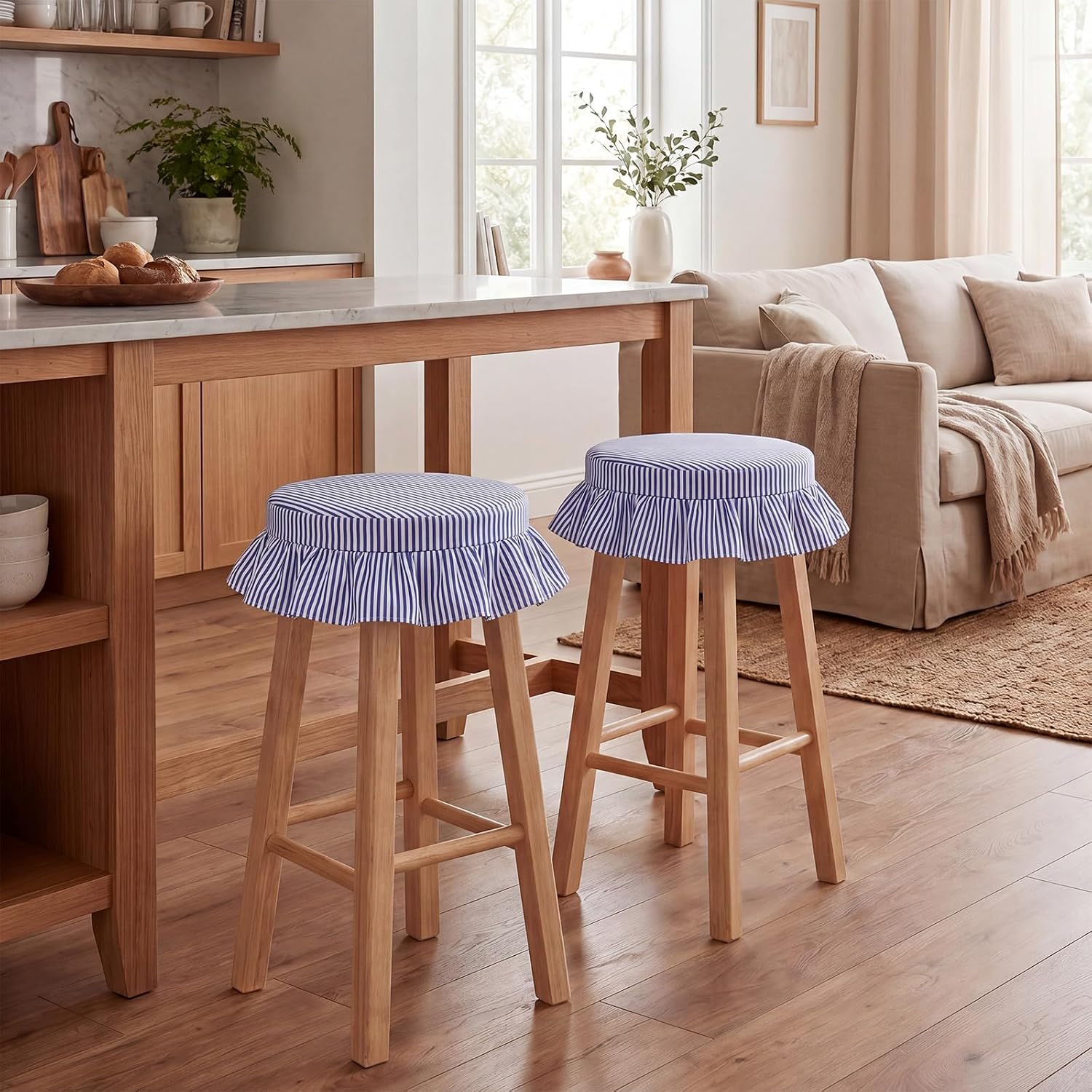 2 Pcs Bar Stool Covers with Ruffles 12 Inch Round Stool Cover with Elastic Band Pad Farmhouse Seat Slipcover Nonslip and Washable (Blue,Stripes)