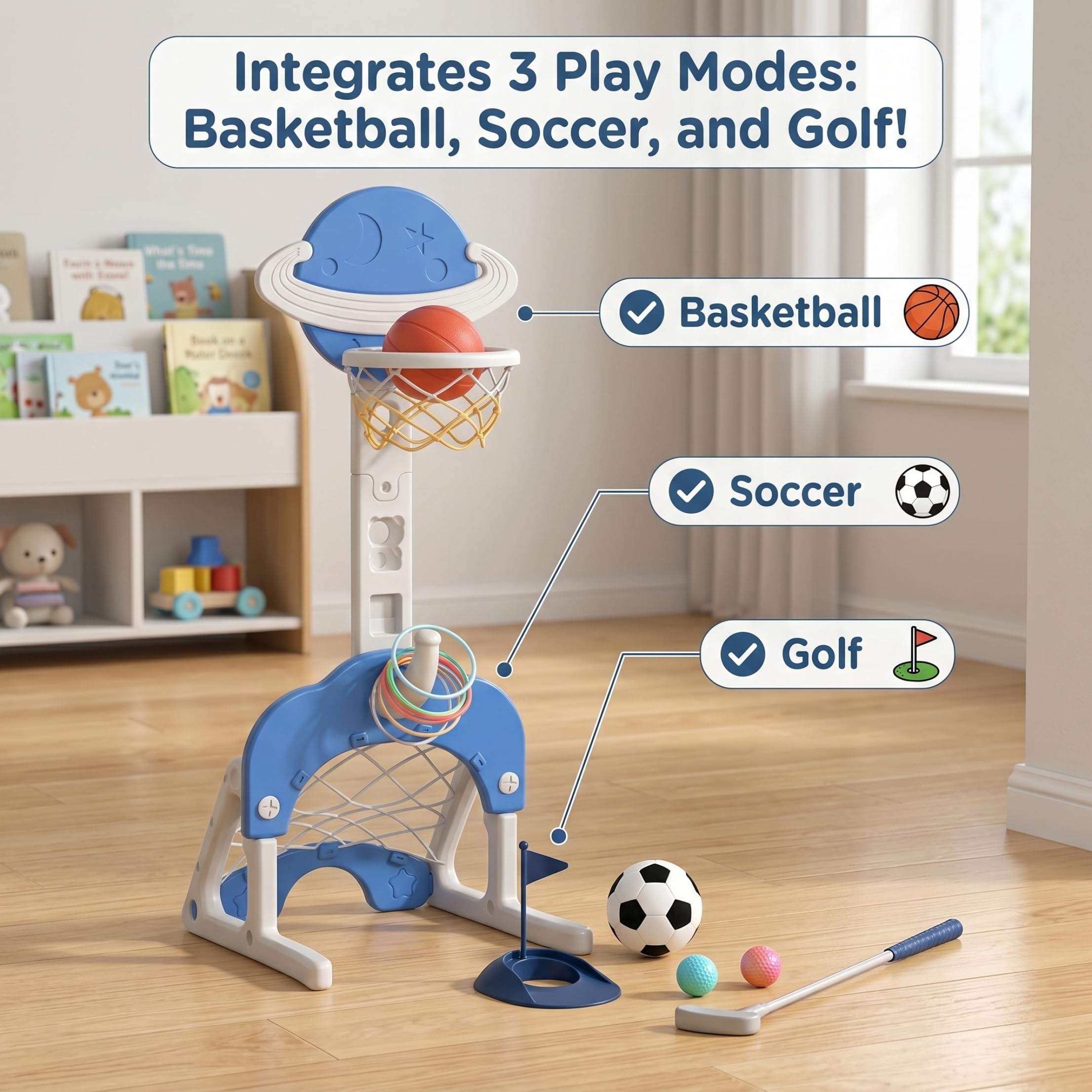 Canestro da Basket per Bambini e Supporto, Canestro da Basket per Bambini 3 in 1 con Calcio e Lancio dell'Anello Giocattolo Sportivo Divertente Regolabile in Altezza per Interni ed Esterni