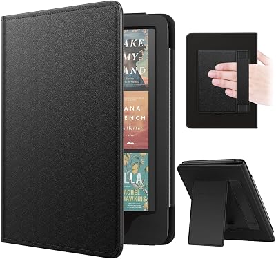 MoKo Custodia Compatibile con 7″/6.8″ Kindle Paperwhite(12th/11th Generazione 2024/2021), Magnete Riattivazione e Standby, Con Supporto Verticale e Cinturino, Nero