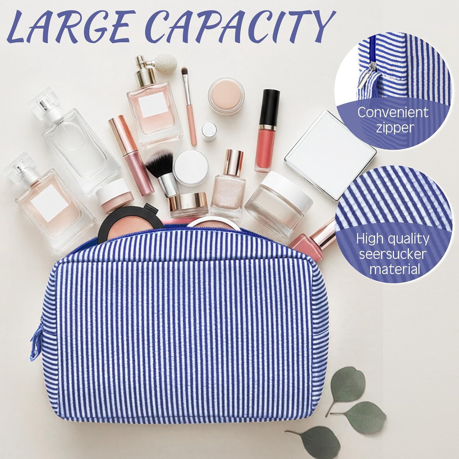 Sanwuta 3 Pcs Seersucker Makeup Bags Seersucker Cosmetic Bags Striped Women Large Travel Toiletry Organizer Preppy Storage Pouch for Embroidery Wedding Bridesmaid Gifts(Navy Blue) - Image 3