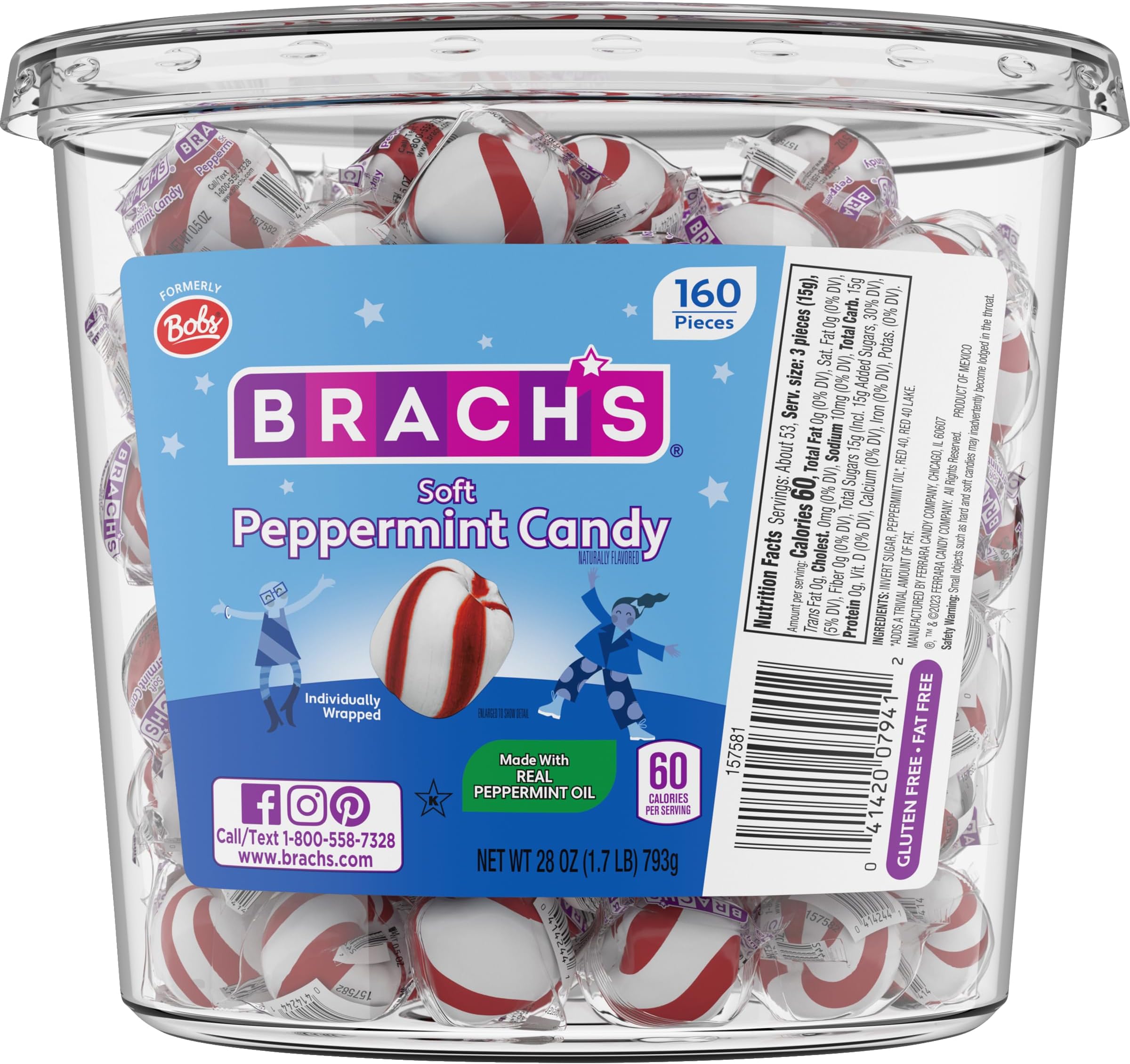 Bob's Sweet Stripes Soft Peppermint Candy, 160 Count, 28 Ounce Jar