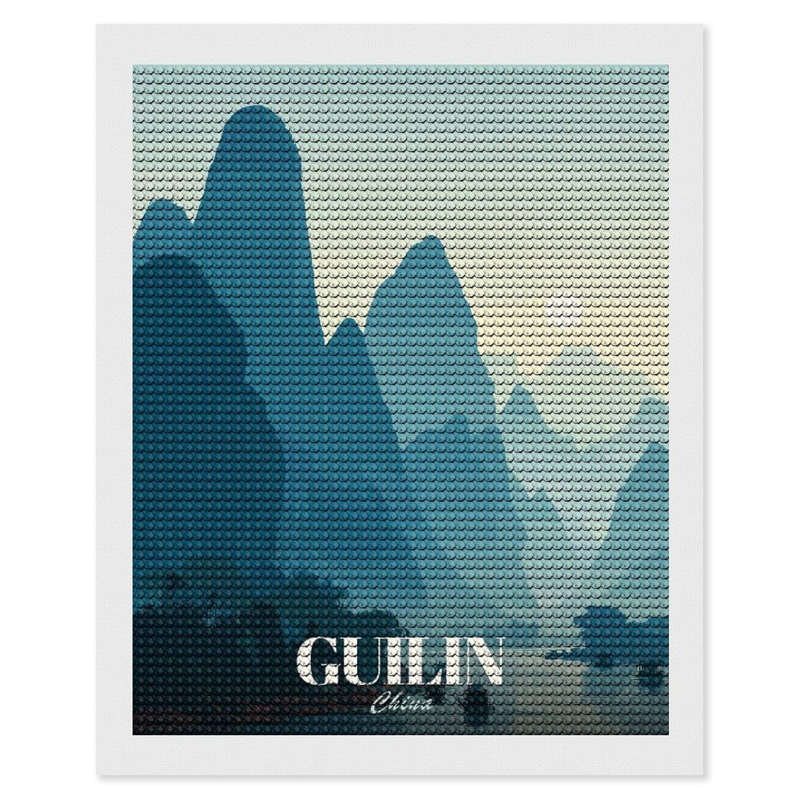 Junmoney Guilin China Landscape Illustration Diamond Painting Canvas Set 16"x20", Full Kit Included, Calming Craft to Unwind, Farmhouse Decor, Christmas Gift