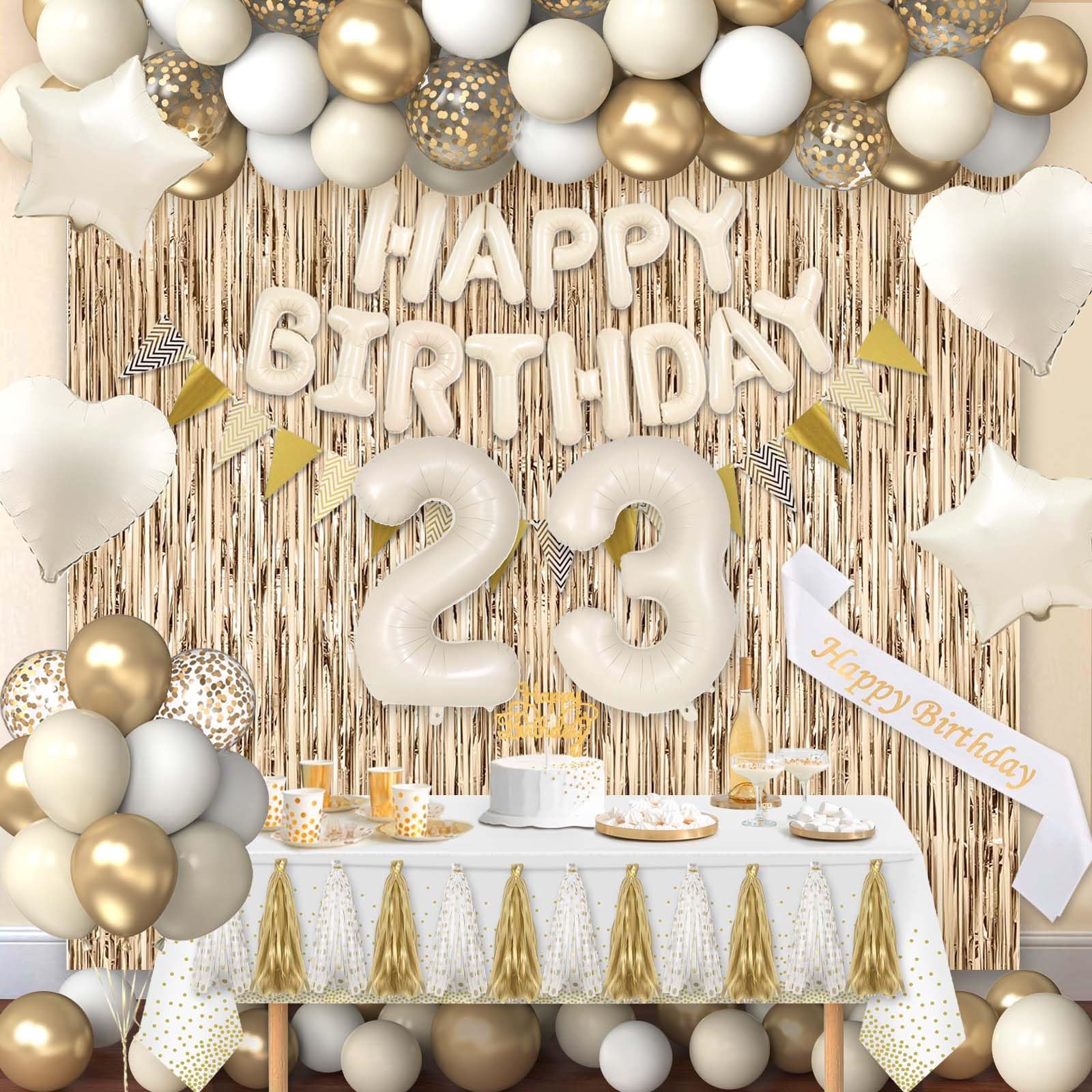Miidenks 23rd Birthday Decorations for Women, White and Gold 23 Boho Birthday Party Supplies Includes Number Balloons, Banner, Fringe Curtain, Cake
