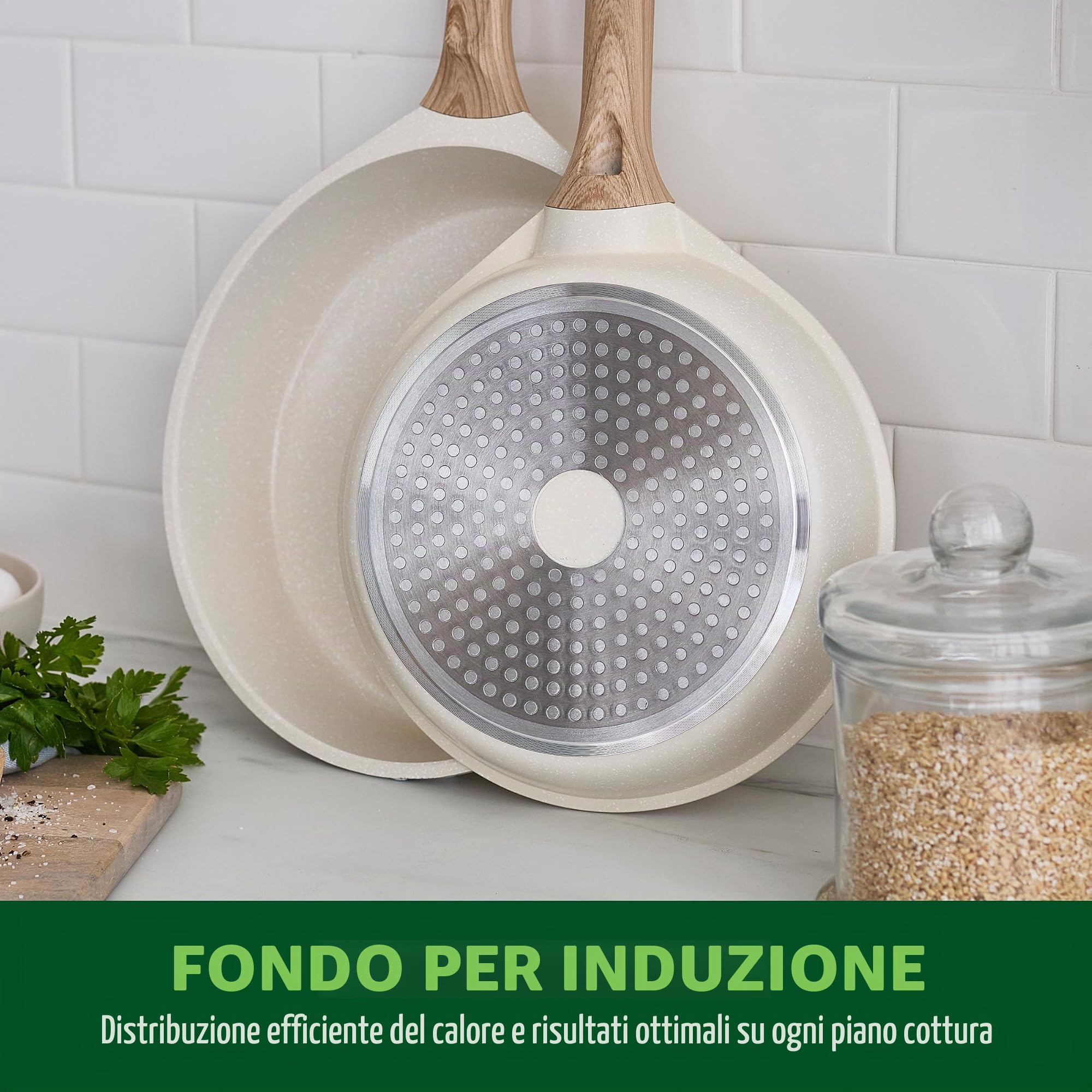 GreenChef Arte - Set di 8 pentole rivestite in ceramica, con manico in legno, colore: bianco crema