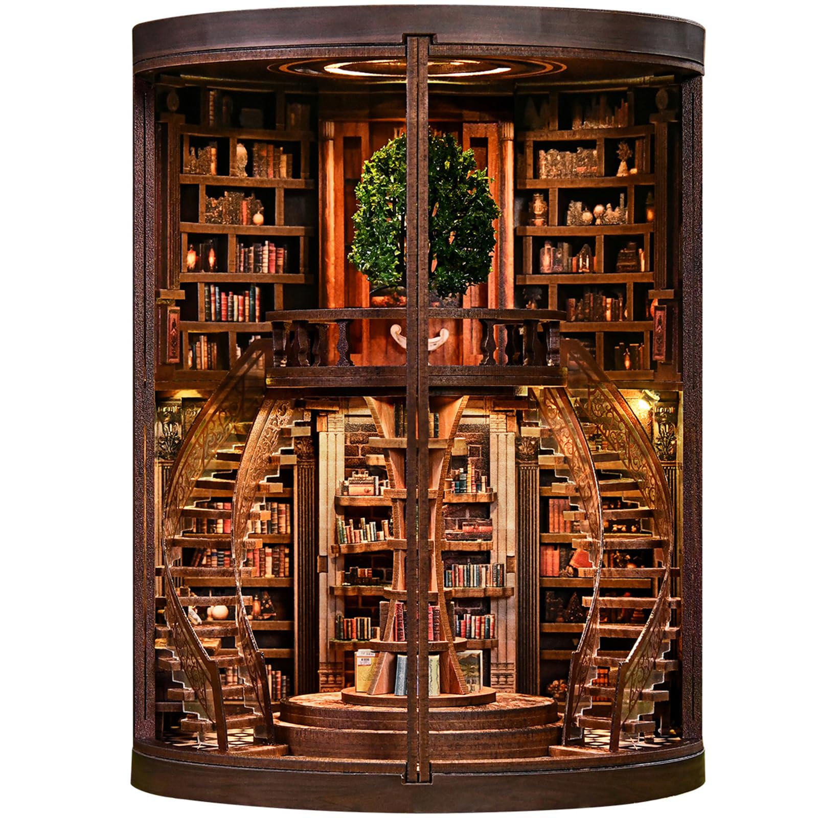 Wooden Booknook, Diy 3D Book Nook con Luce LED con Copertura Antipolvere, Fermalibri ad Anello Retro Smart Tree, Ideale Come Regalo per Appassionati del Fai da te, Mogli, Amici e Giovani