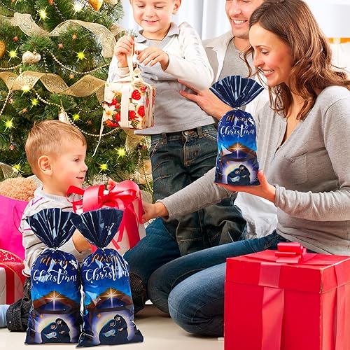 Miniatura 6 de Paquete de 100 bolsas de regalo de celofán de la Santa Natividad, bolsa de plástico religiosa de Navidad, bolsas de regalo de violonchelo con lazos