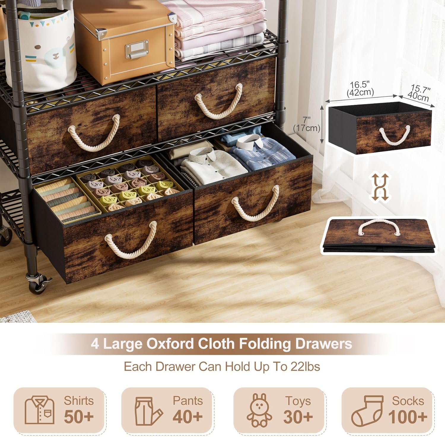 Clothes Rack with Drawers Rolling Heavy Duty Clothing Racks for Hanging Clothes Garment Rack with 4 Fabric Drawers Adjustable with Double Side Hooks Wardrobe Closet Portable Storage Black