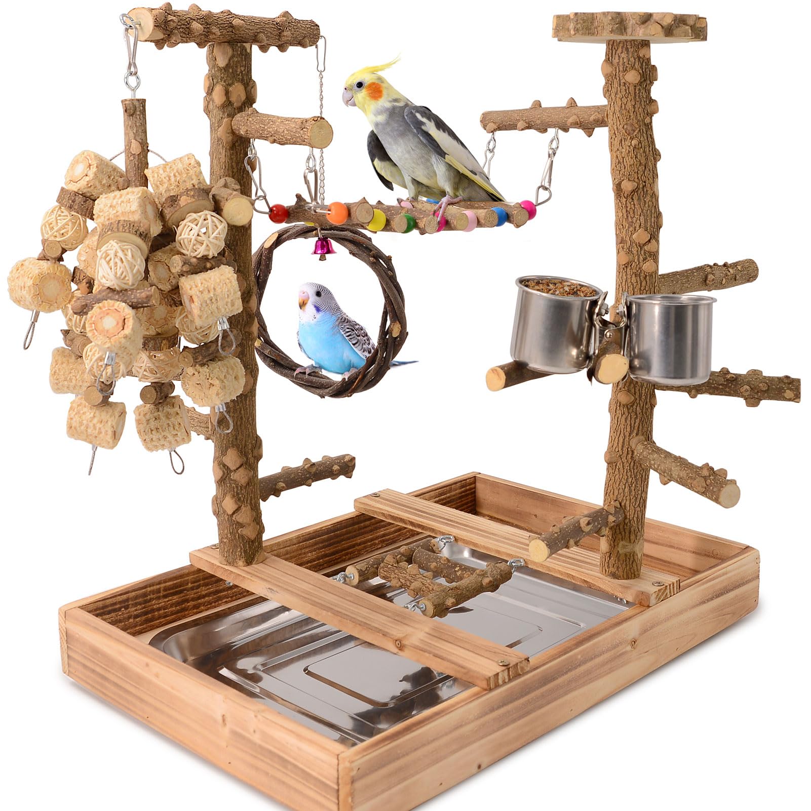 Natural Wood Bird Perch Stand, Multi-Layer Parrot Playground Gym with Feeding Cups and Toys, Real Branch Activity Center for Cockatiels, Parakeets, Conures, Budgies, Tabletop and Cage Top Use