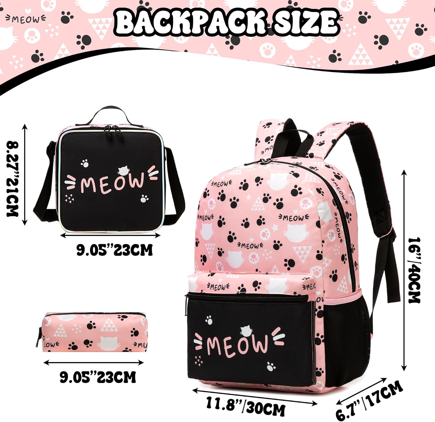 Backpack for School Kids Backpacks for Girls Bookbag Set Backpacks for Teen Girls with Lunch Box Pink Cat Preppy Backpack for School