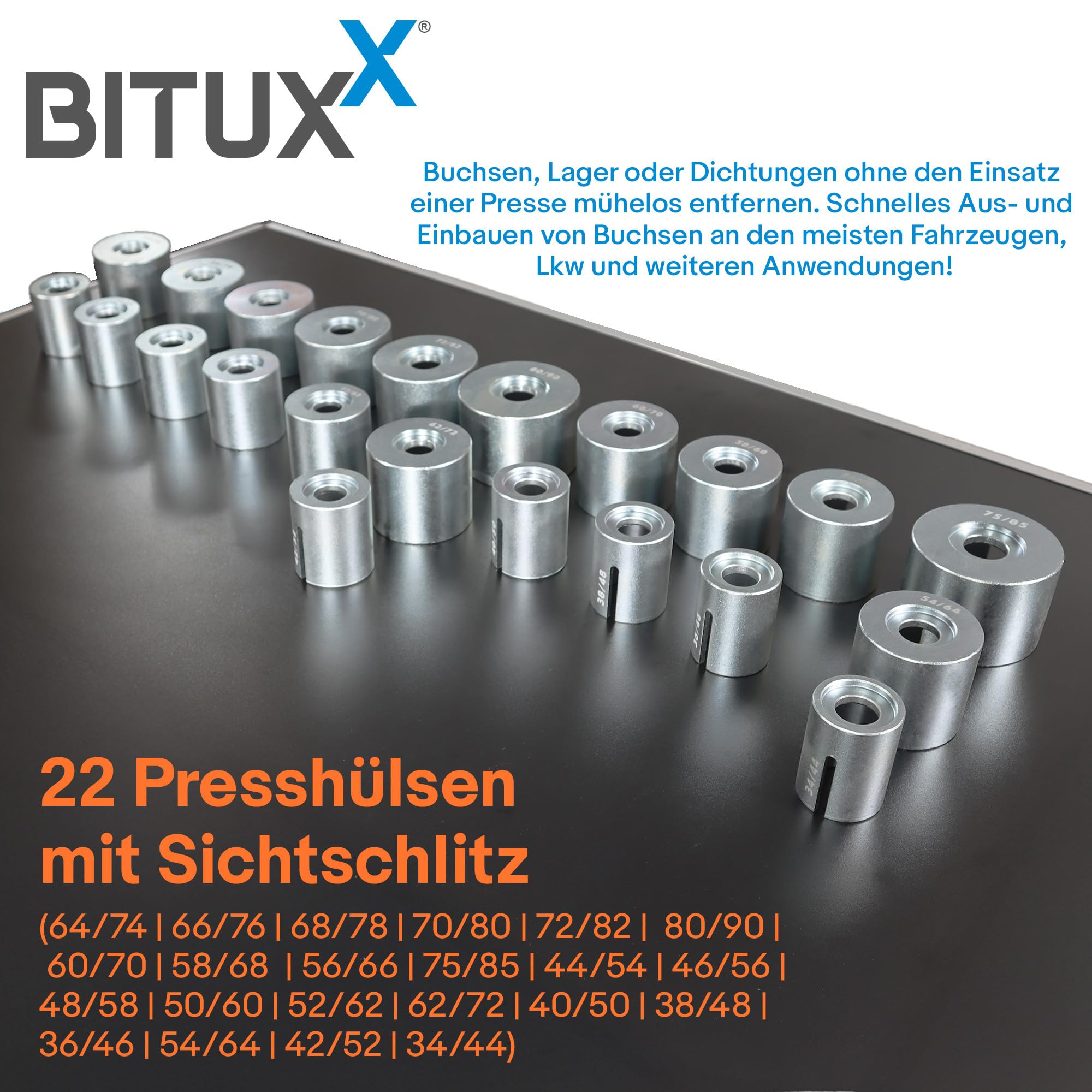 Bituxx Silentlager Abzieher Satz 27-TLG. | Lagerwerkzeug Presshülsen Set mit Sichtschlitz | inkl. Spindeln M10–M18 | Werkzeugset für Lagerbuchsen Gummilager Buchsenwechsel | im Kunststoffkoffer