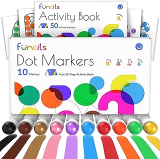 Funcils 10 Washable Dot Markers for Toddlers - Non Toxic Paint Dotters & Bingo Markers - Dot Markers for Kids & Preschoolers | Dabber Markers for Kids | Fun Dot Art Supplies with 50 Activity Sheets