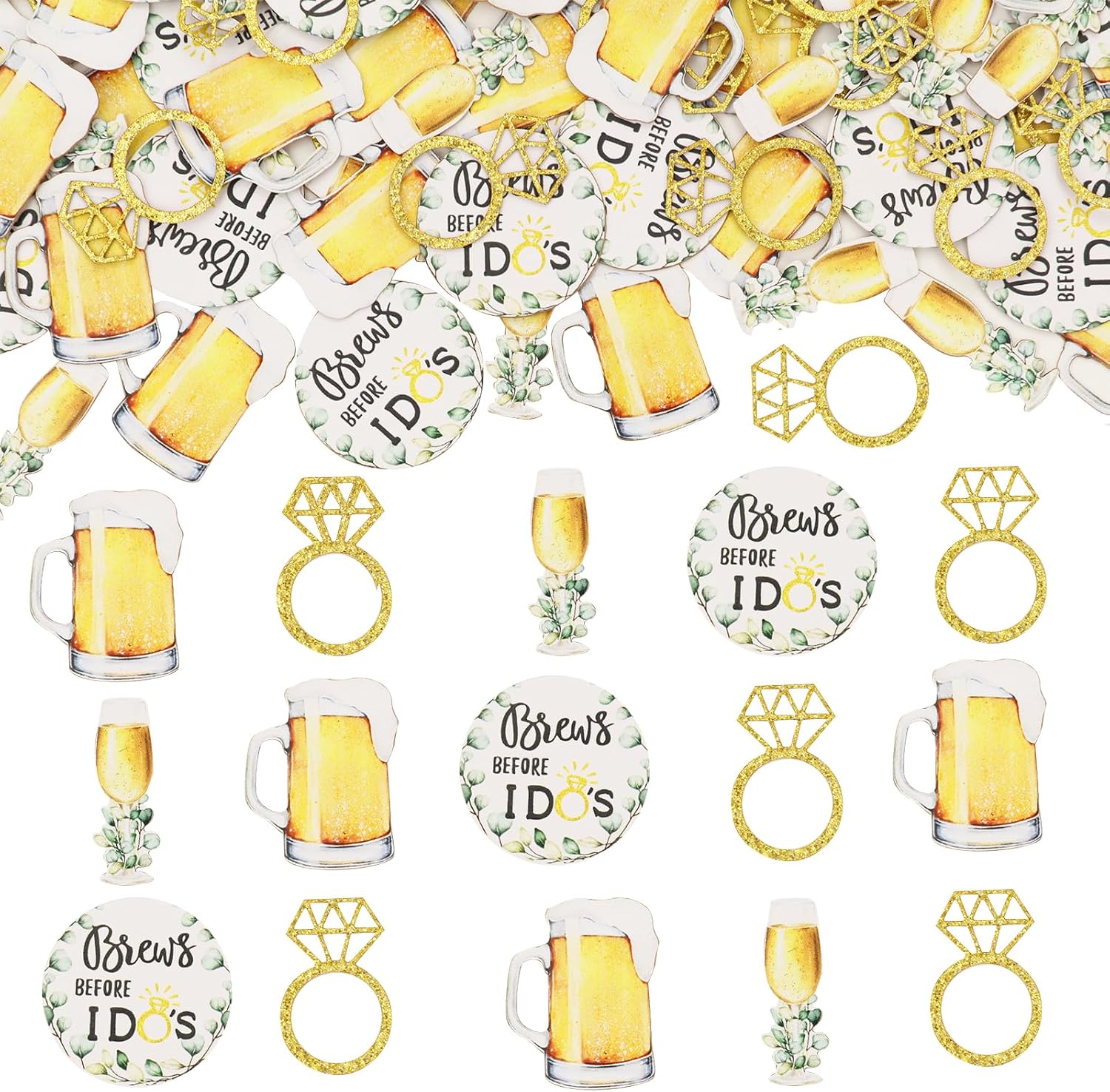 200 Pieces Brews Before I Dos Confetti, Bubbles and Brews Bridal Shower Decorations with Gold Glitter Diamond Ring Confetti, Bubbly Bachelorette Engagement Party Supplies