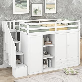 Quarte Modern Functional Twin Size Loft Bed with 2 Wardrobe and 2 Drawers,Solid Wood Loft Bed with 3 Shelves and Storage Staircase,for Kids Teens Adults Bedroom Use (White#a-)