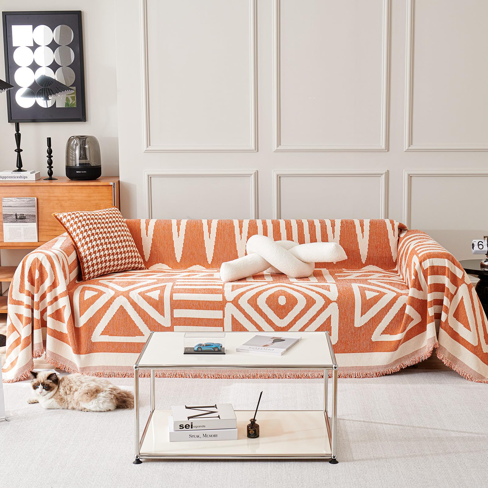 TAOTAOGO Sofa Cover 3 Seater Boho Chenille Corner Sofa Slipcover Washable L Shape Sofa Covers AB Sided Sectional Couch Cover with Tassel Furniture Protector for Pet All-Season A Orange 180x340cm