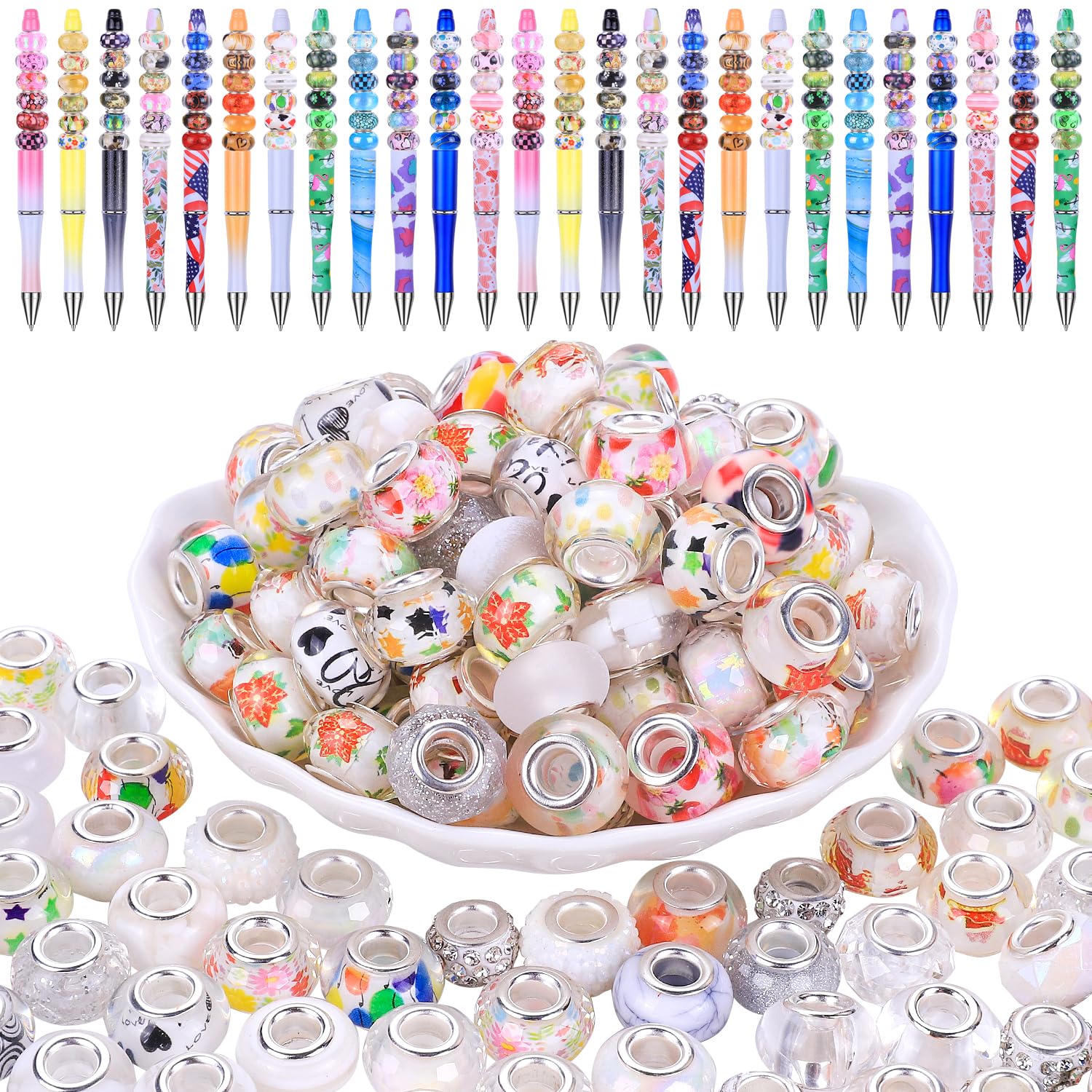 VICTLOV 100 Pieces 14mm European Beads for Pens,Large Hole Beads for Charm Bracelet Jewelry Making Bulk, Decoration Lampwork Murano Glass Spacer Beads for Crafts Garden Stakes (White)