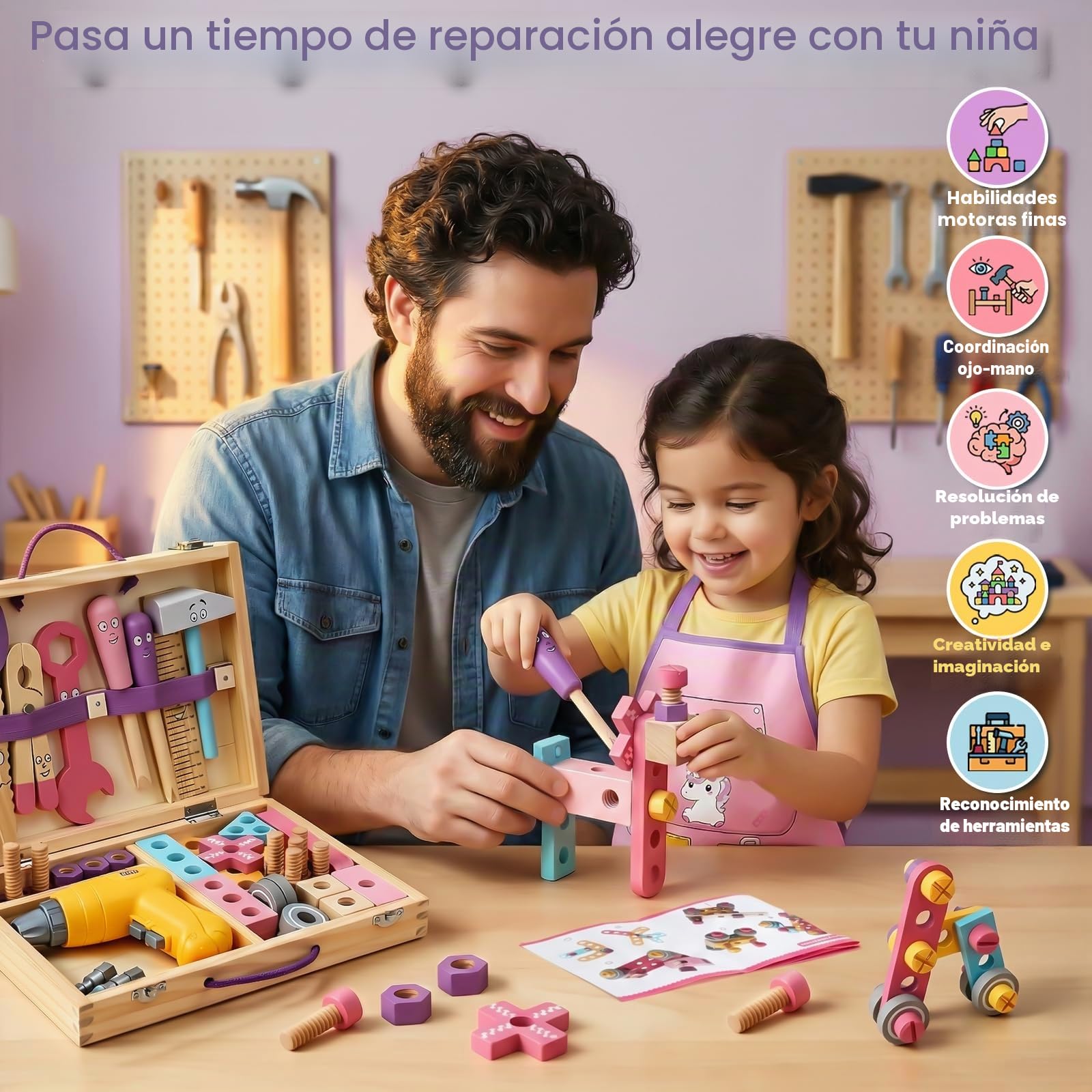 Juguetes Niños 3 Años, Caja Herramientas Juguete Rosa Montessori Juguete Niña Niño 3 4 Años Juego Educativo Juego de rol con Tornillo Eléctrico y Delantal Infantil Regalo Niña 3 4 5 Años (44 Piezas)