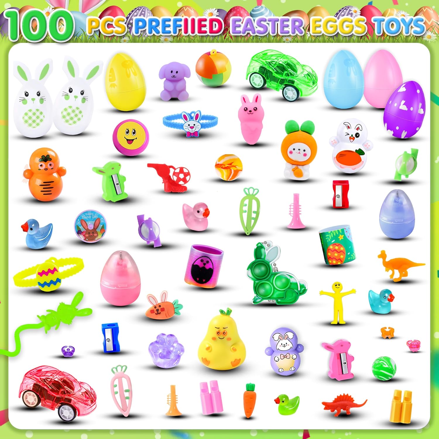 100 Pack Prefilled Easter Eggs with Toys Inside,Plastic Eggs Fillers, Easter Basket Stuffers, Party Favors Supplies, Classroom Prizes Bulk Toys, Easter Hunt Gifts