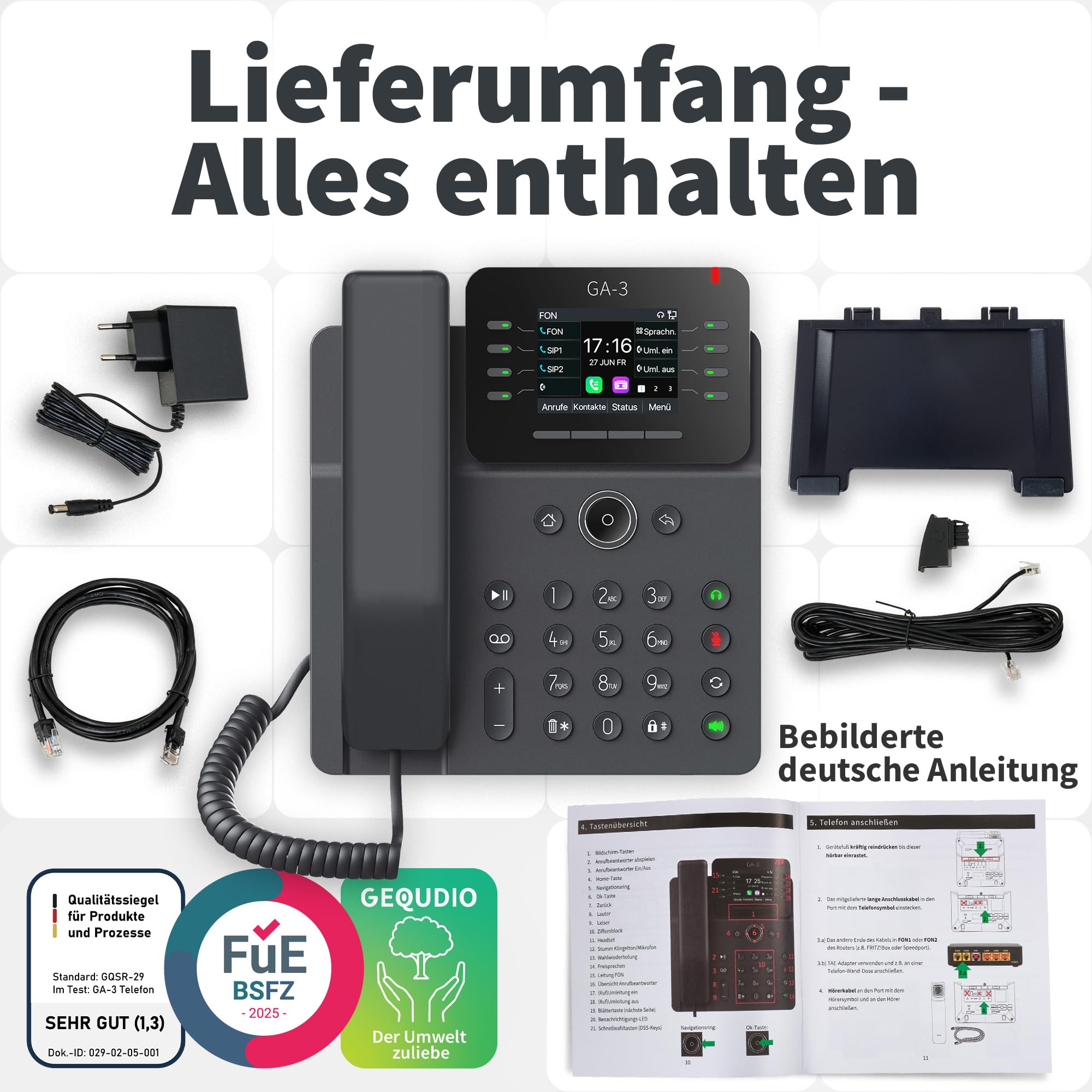 GEQUDIO GA-3 Festnetztelefon Schnurgebunden Anrufbeantworter Farbdisplay Tischtelefon für alle Anschlüsse FritzBox Speedport TAE Hybrid IP Deutsche Anleitung USB EU-Version