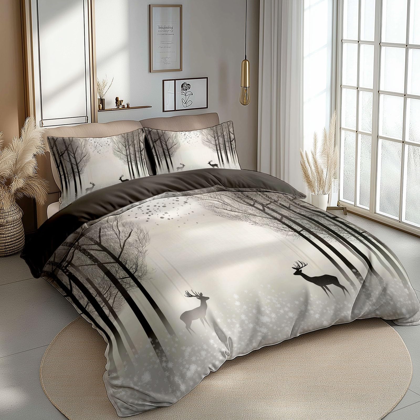 Double Size Printed Duvet Cover Set Premium Brushed Microfiber Bedding Set With Zipper Closure Ultrasoft Hypoallergenic Reversible Coffee Duvet Covers Non Iron Forest Scene Animal Elk
