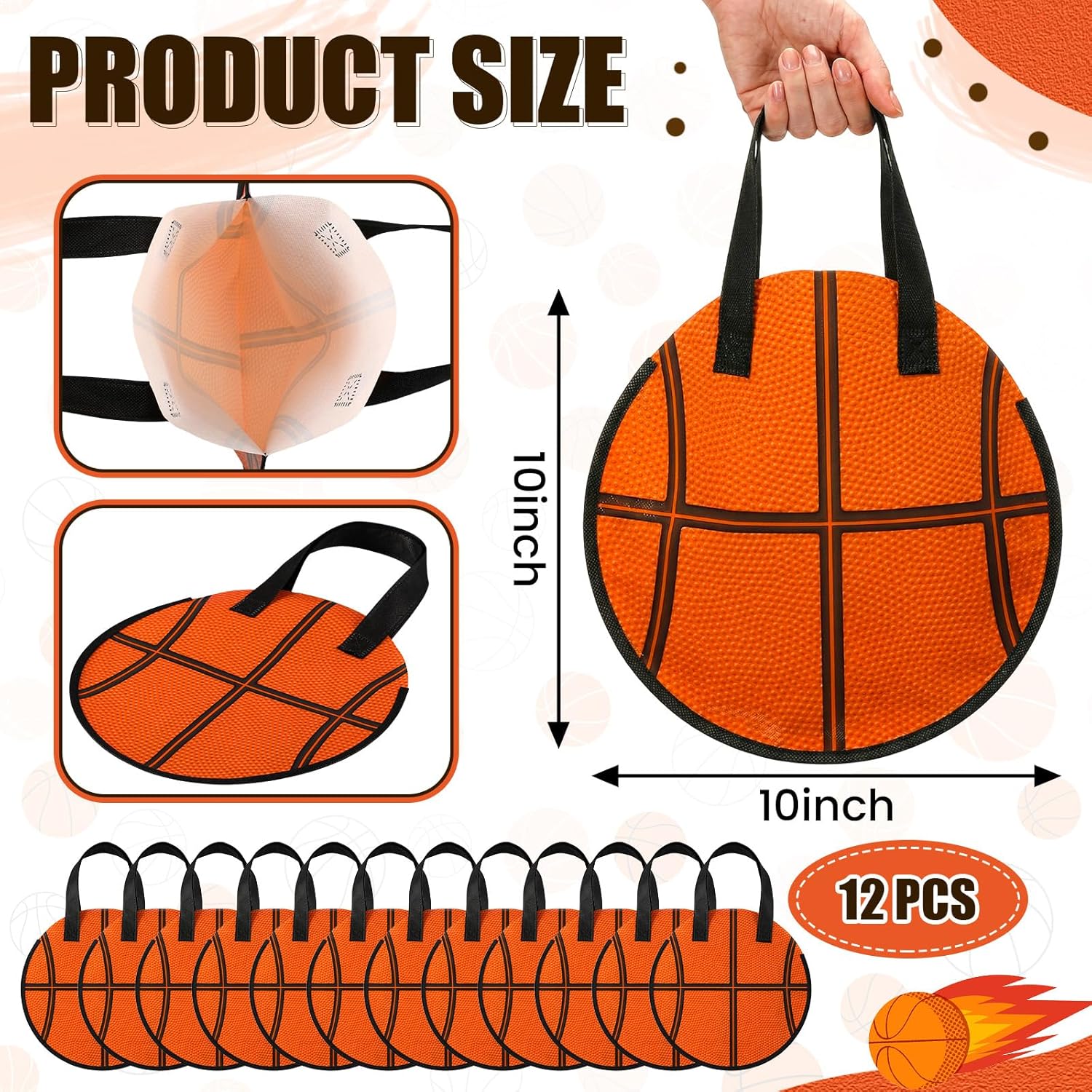 Yeyeplum 12 Pcs Basketball Party Favor Bags 10 × 10 Inch Basketball Gift Bags with Handle Round Non Woven Gift Pouches for Goodie Candy Snacks Sports Themed Birthday Party Supplies - Image 2
