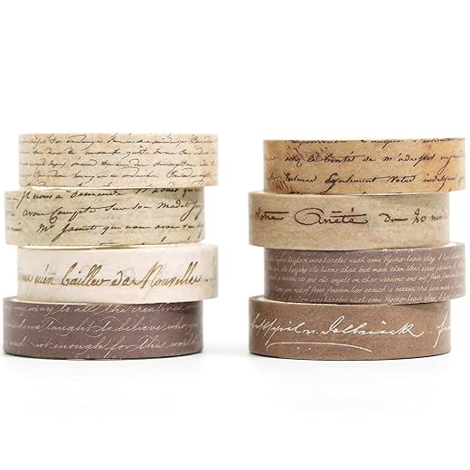YUBX Vintage Washi Tape Set 8 Rolls Thin Retro Decorative Antique Patterns Masking Tapes for Arts, DIY Crafts, Journals, Planners, Scrapbook, Wrapping (Handwritten Text)