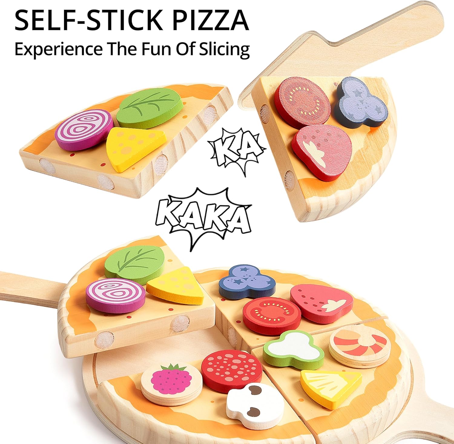 PairPear Wooden Pizza Cutting Play Food Set, 28 Piece Pretend Pizza Toys Food Playset, Montessori Kitchen Toy Gift for Toddlers Ages 3+ - Image 2