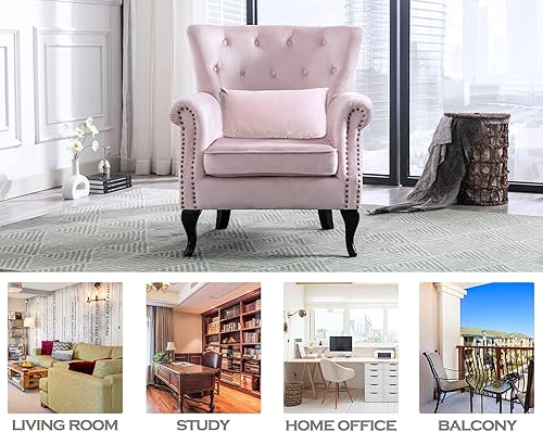 Miniatura 16 de Kmax Silla de club de terciopelo con diseño de trono copetudo de mediados de siglo, asiento acolchado, patas de madera, para el hogar, club, Tela