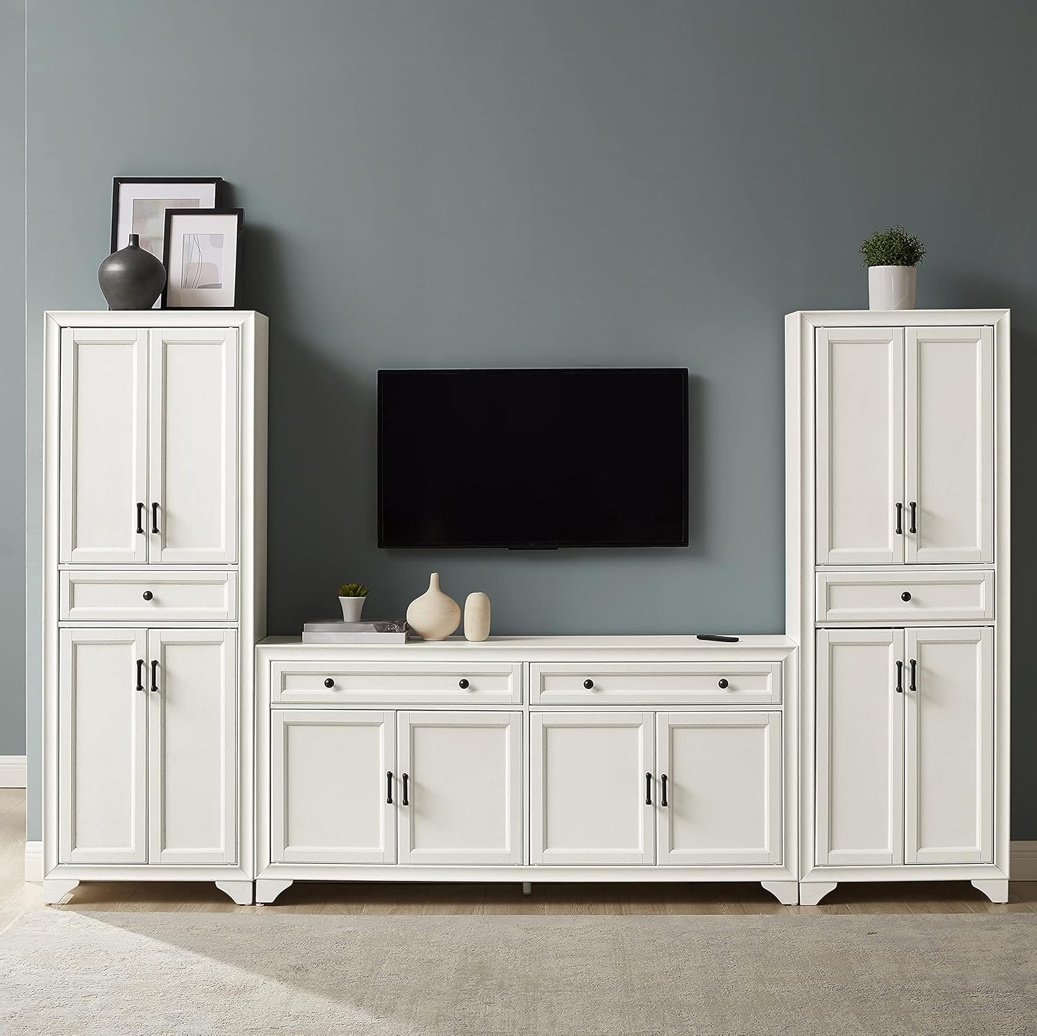 Distressed White 67" Entertainment Set with Cabinets